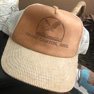 RARE! GRAND CANYON, ARIZONA TAN CORDUROY/SUEDE LEATHER TRUCKER HAT- USA MADE CAP
